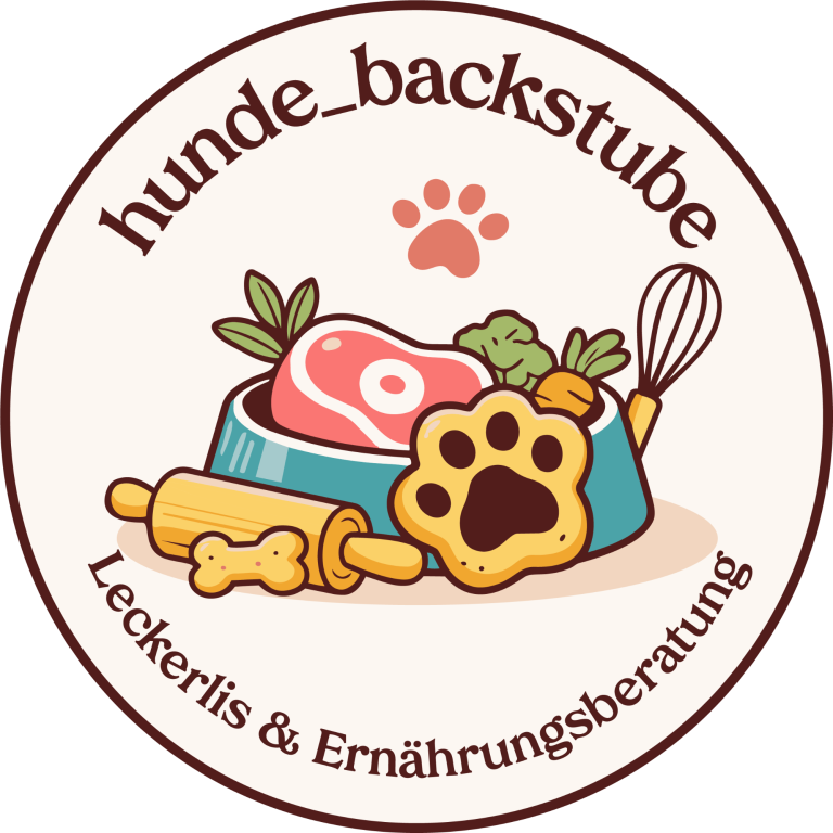 Logo hunde_backstube Logo der "hunde_backstube" mit Futter in Schale, Leckerchen in Pfotenform und Backutensilien.